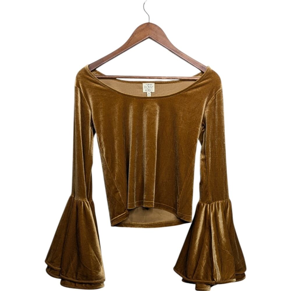 Torn by Ronny Kobo Velvet Top Medium Mustard Harvest Gold Bell Sleeve Boho Glam
